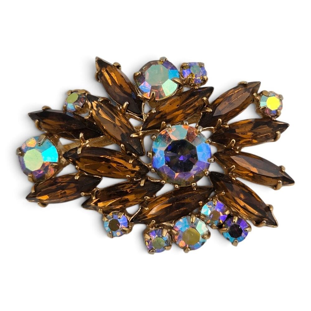 Vintage AB Rhinestone Brooch Topaz Brown Marquise Glass Gold Tone Floral Pin